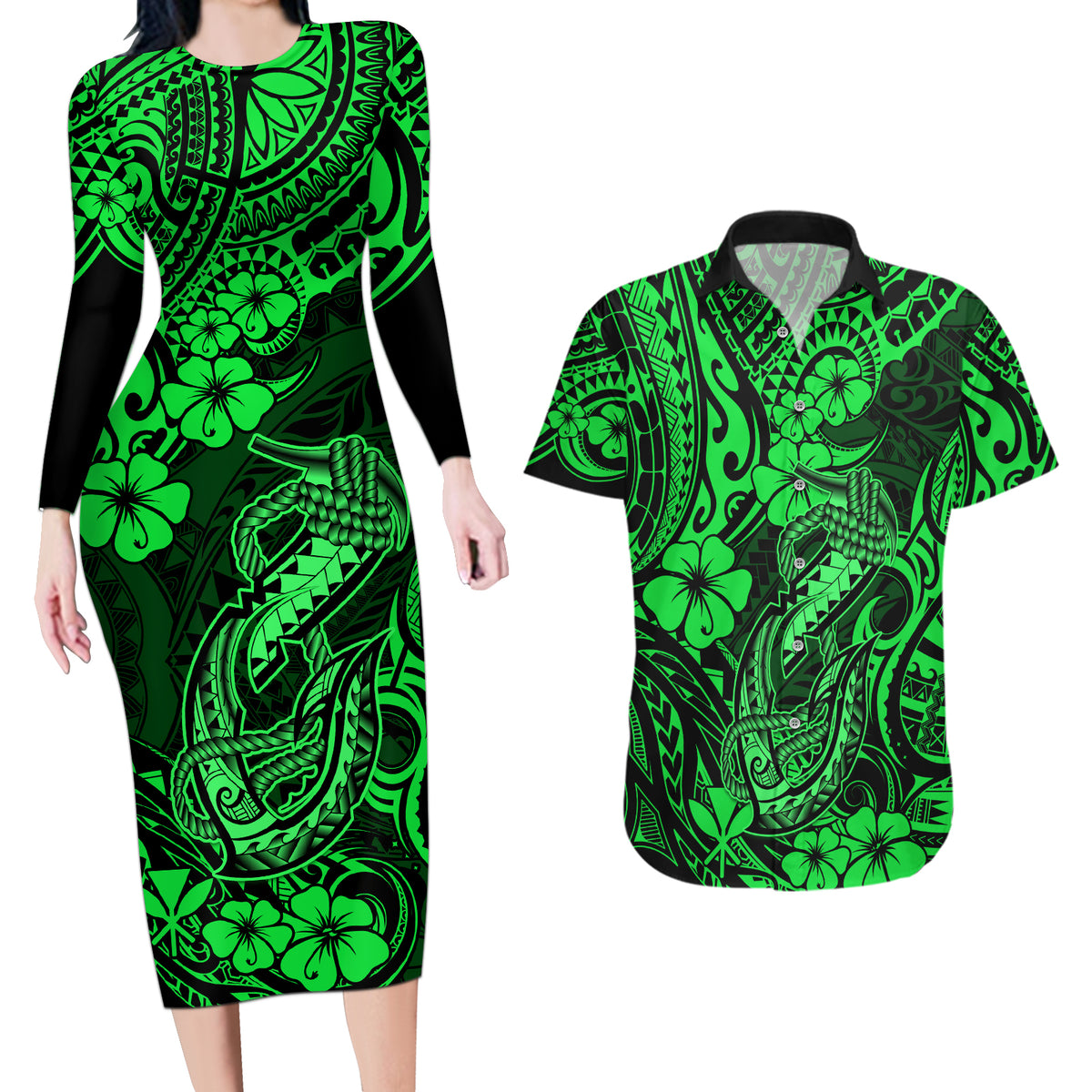 Hawaii Fish Hook Couples Matching Long Sleeve Bodycon Dress and Hawaiian Shirt Polynesian Pattern Green Version - Wonder Print Shop