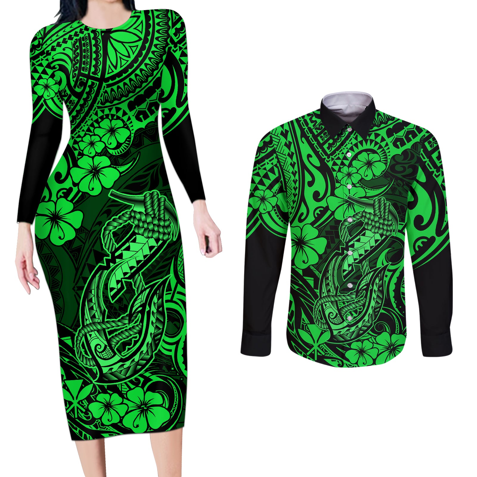 Hawaii Fish Hook Couples Matching Long Sleeve Bodycon Dress and Long Sleeve Button Shirts Polynesian Pattern Green Version - Wonder Print Shop
