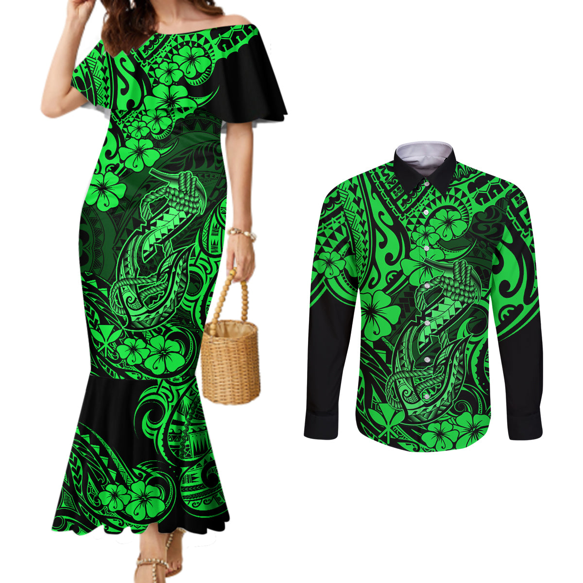 hawaii-fish-hook-couples-matching-mermaid-dress-and-long-sleeve-button-shirts-polynesian-pattern-green-version