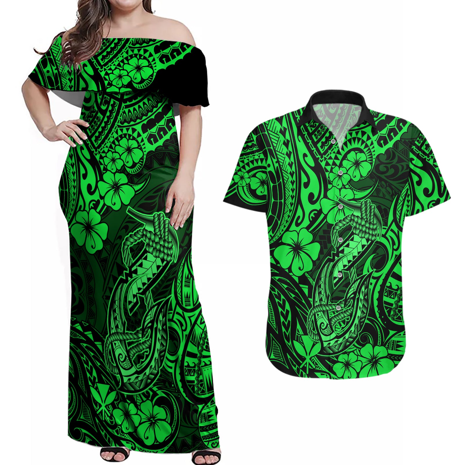 Hawaii Fish Hook Couples Matching Off Shoulder Maxi Dress and Hawaiian Shirt Polynesian Pattern Green Version - Wonder Print Shop