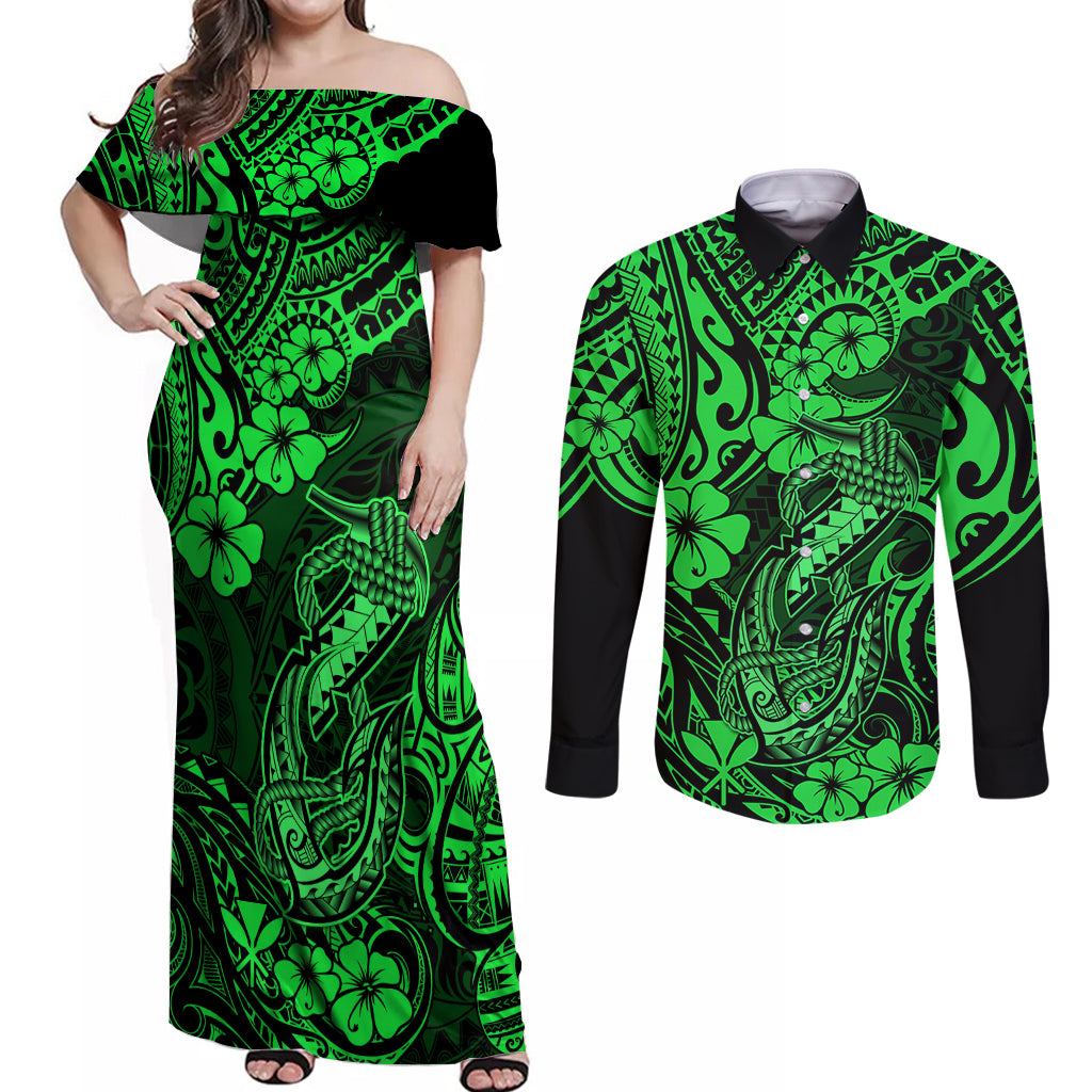 Hawaii Fish Hook Couples Matching Off Shoulder Maxi Dress and Long Sleeve Button Shirts Polynesian Pattern Green Version - Wonder Print Shop