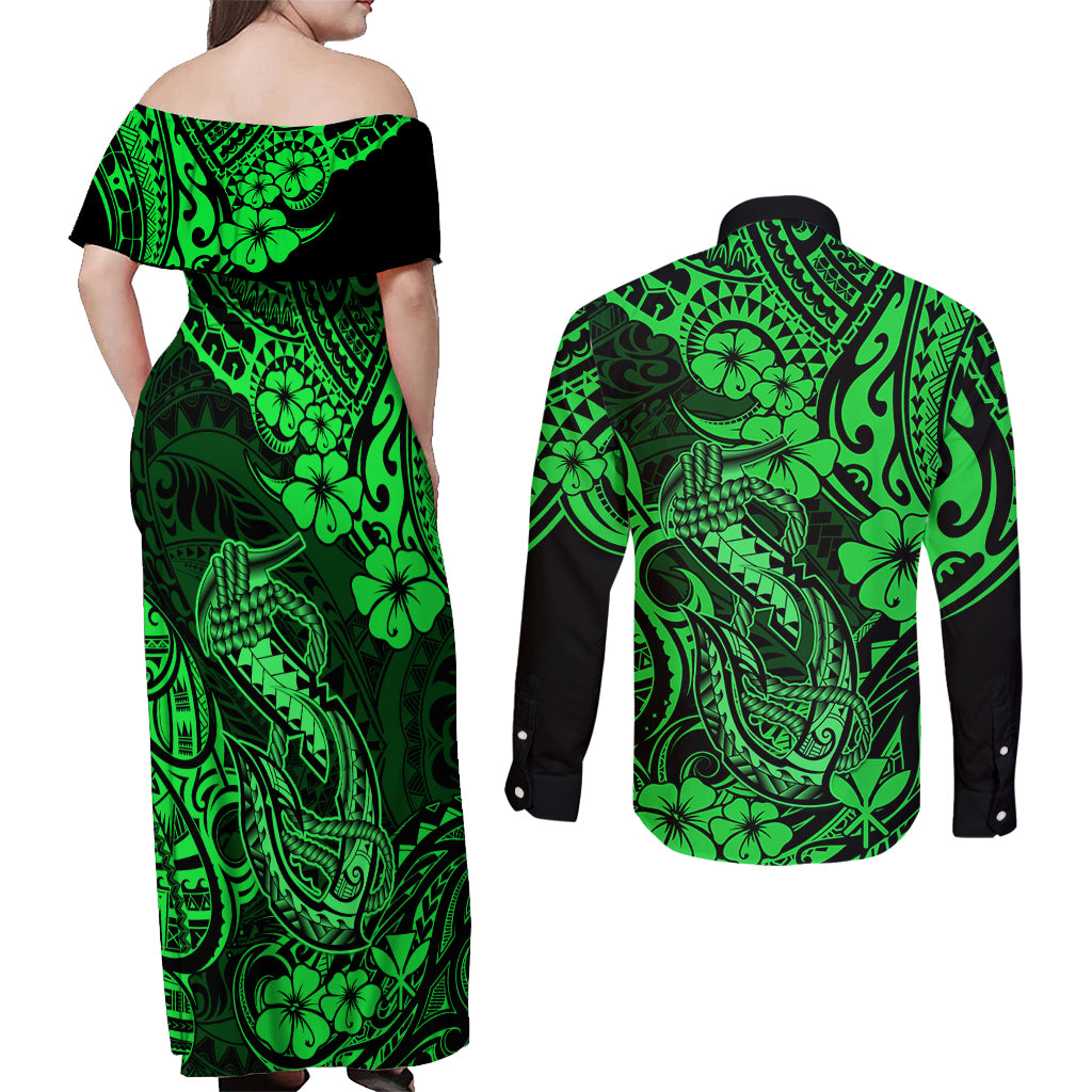 Hawaii Fish Hook Couples Matching Off Shoulder Maxi Dress and Long Sleeve Button Shirts Polynesian Pattern Green Version - Wonder Print Shop