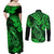 Hawaii Fish Hook Couples Matching Off Shoulder Maxi Dress and Long Sleeve Button Shirts Polynesian Pattern Green Version - Wonder Print Shop