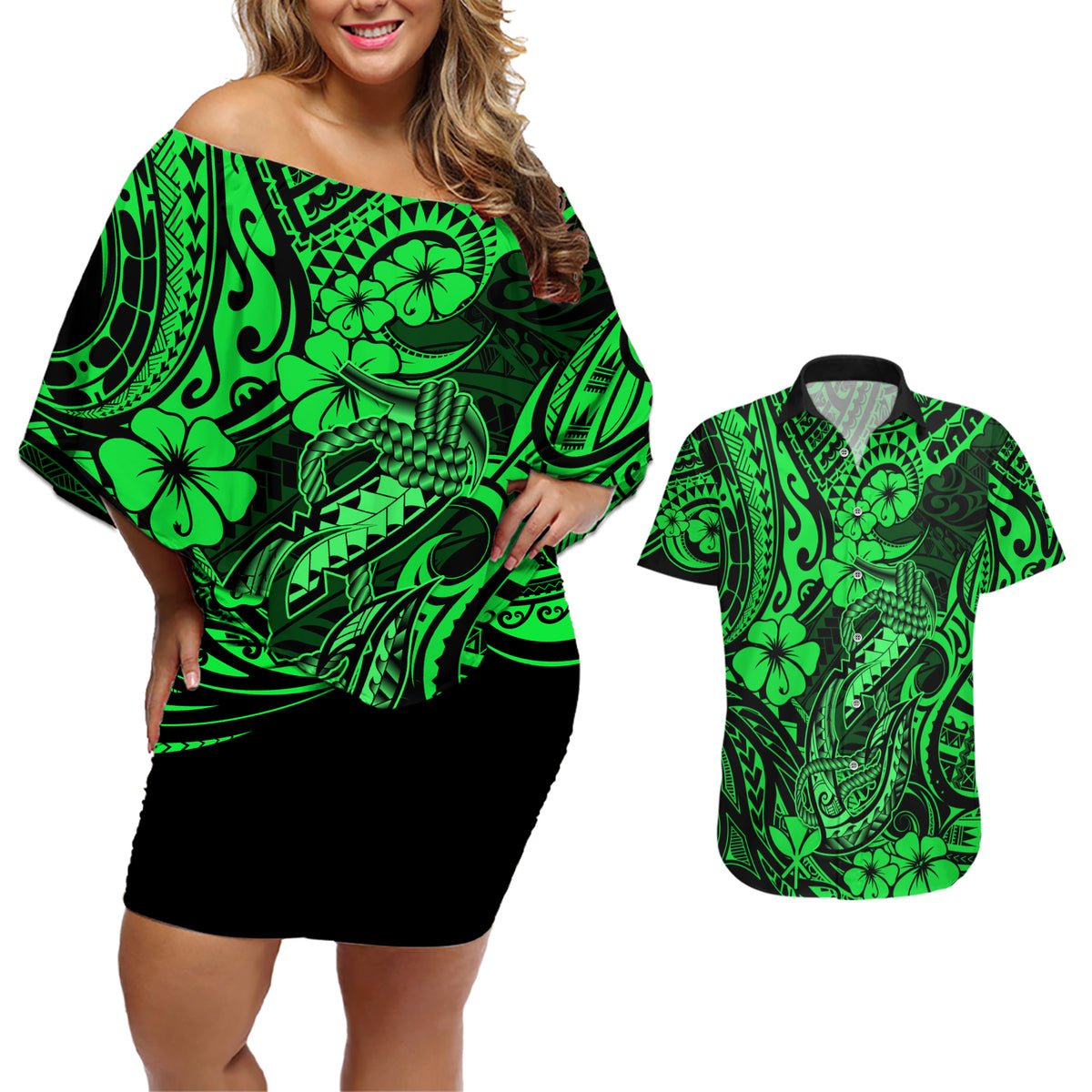 Hawaii Fish Hook Couples Matching Off Shoulder Short Dress and Hawaiian Shirt Polynesian Pattern Green Version - Wonder Print Shop