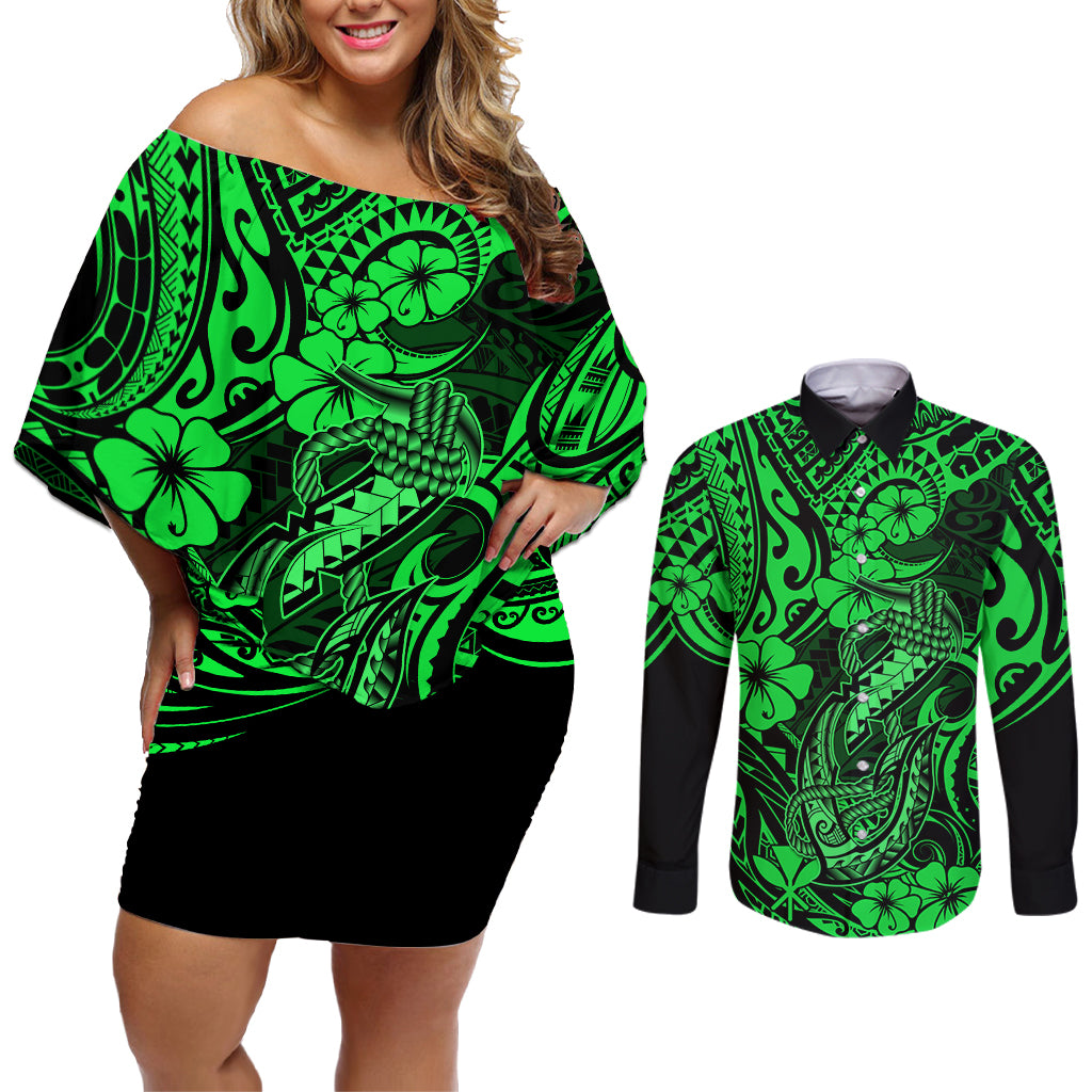 Hawaii Fish Hook Couples Matching Off Shoulder Short Dress and Long Sleeve Button Shirts Polynesian Pattern Green Version - Wonder Print Shop