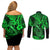 Hawaii Fish Hook Couples Matching Off Shoulder Short Dress and Long Sleeve Button Shirts Polynesian Pattern Green Version - Wonder Print Shop