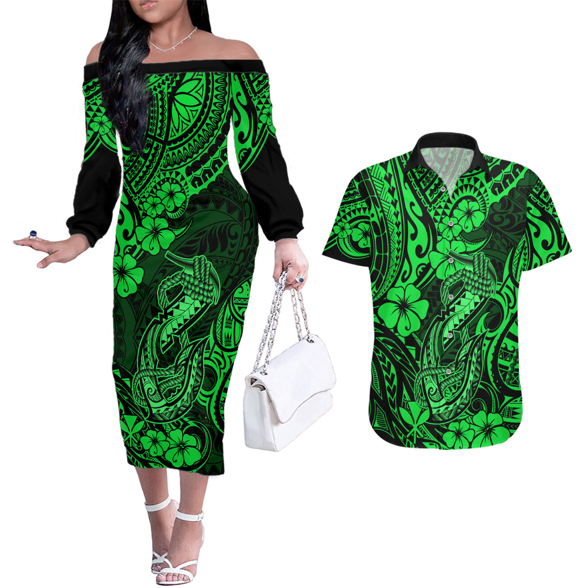 Hawaii Fish Hook Couples Matching Off The Shoulder Long Sleeve Dress and Hawaiian Shirt Polynesian Pattern Green Version - Wonder Print Shop