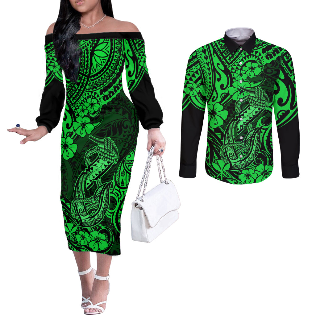 hawaii-fish-hook-couples-matching-off-the-shoulder-long-sleeve-dress-and-long-sleeve-button-shirts-polynesian-pattern-green-version