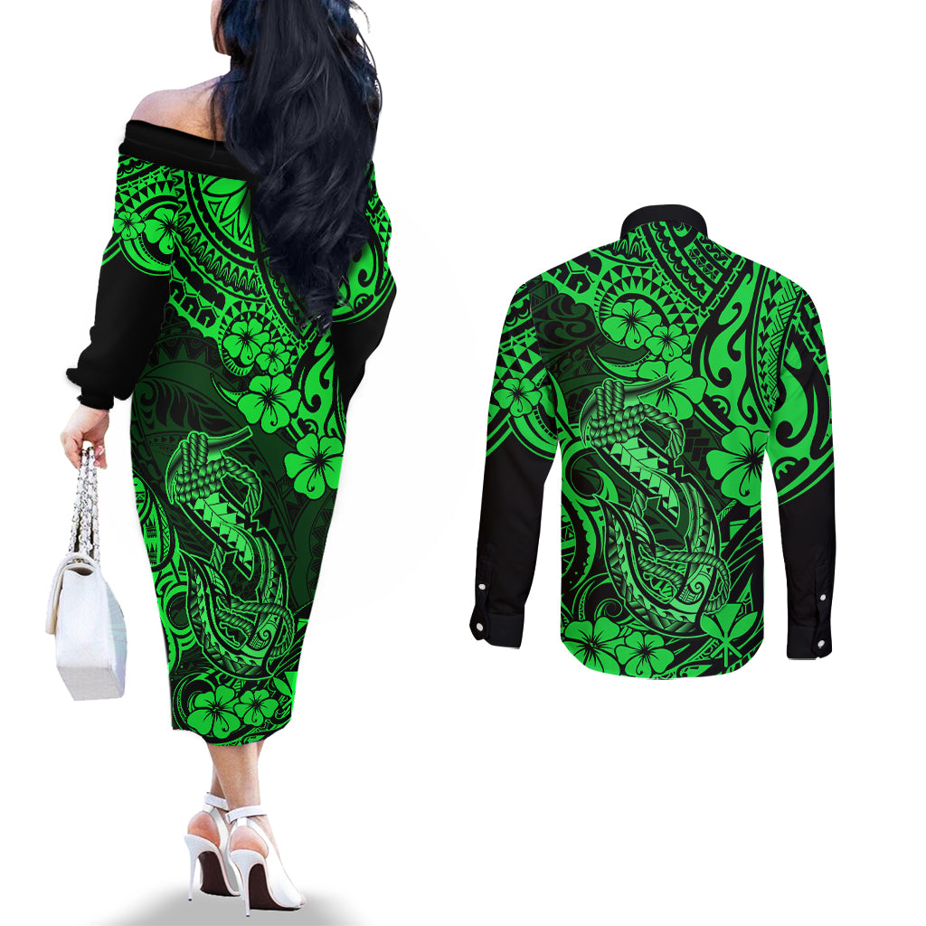 hawaii-fish-hook-couples-matching-off-the-shoulder-long-sleeve-dress-and-long-sleeve-button-shirts-polynesian-pattern-green-version