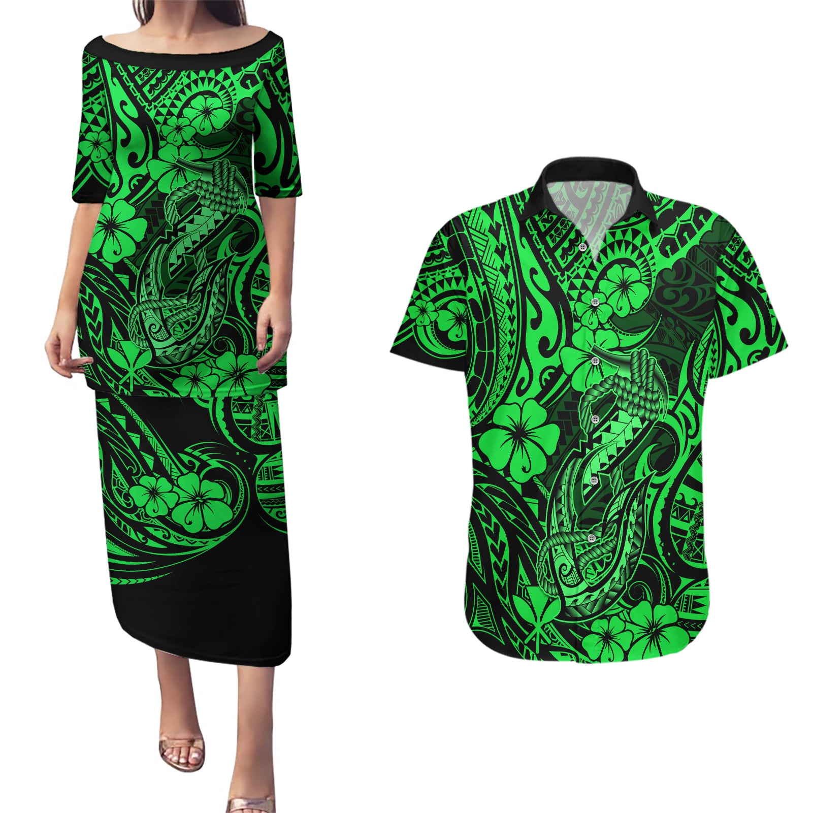 Hawaii Fish Hook Couples Matching Puletasi Dress and Hawaiian Shirt Polynesian Pattern Green Version - Wonder Print Shop