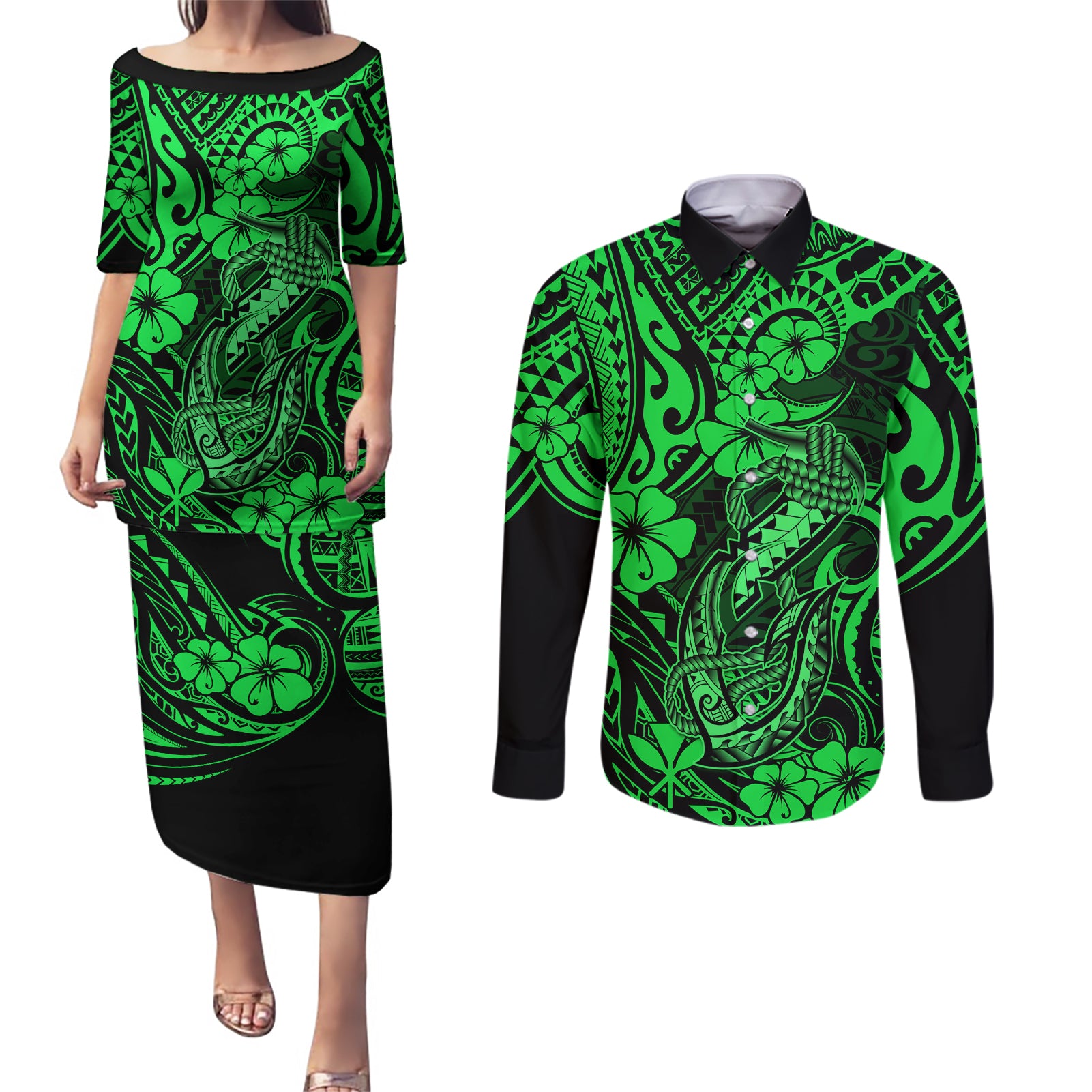 Hawaii Fish Hook Couples Matching Puletasi Dress and Long Sleeve Button Shirts Polynesian Pattern Green Version - Wonder Print Shop