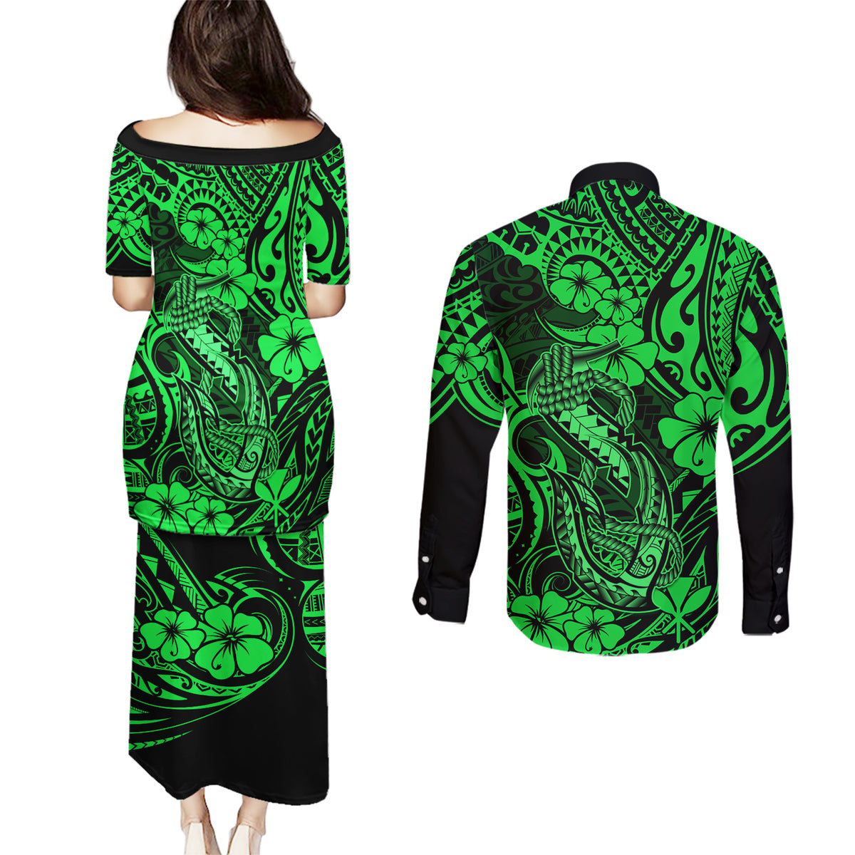 Hawaii Fish Hook Couples Matching Puletasi Dress and Long Sleeve Button Shirts Polynesian Pattern Green Version - Wonder Print Shop