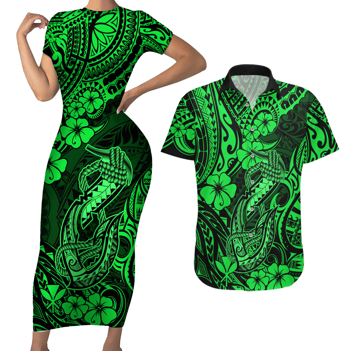 Hawaii Fish Hook Couples Matching Short Sleeve Bodycon Dress and Hawaiian Shirt Polynesian Pattern Green Version - Wonder Print Shop