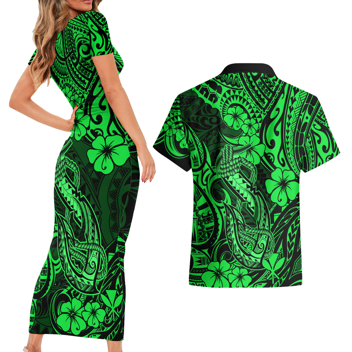 Hawaii Fish Hook Couples Matching Short Sleeve Bodycon Dress and Hawaiian Shirt Polynesian Pattern Green Version - Wonder Print Shop