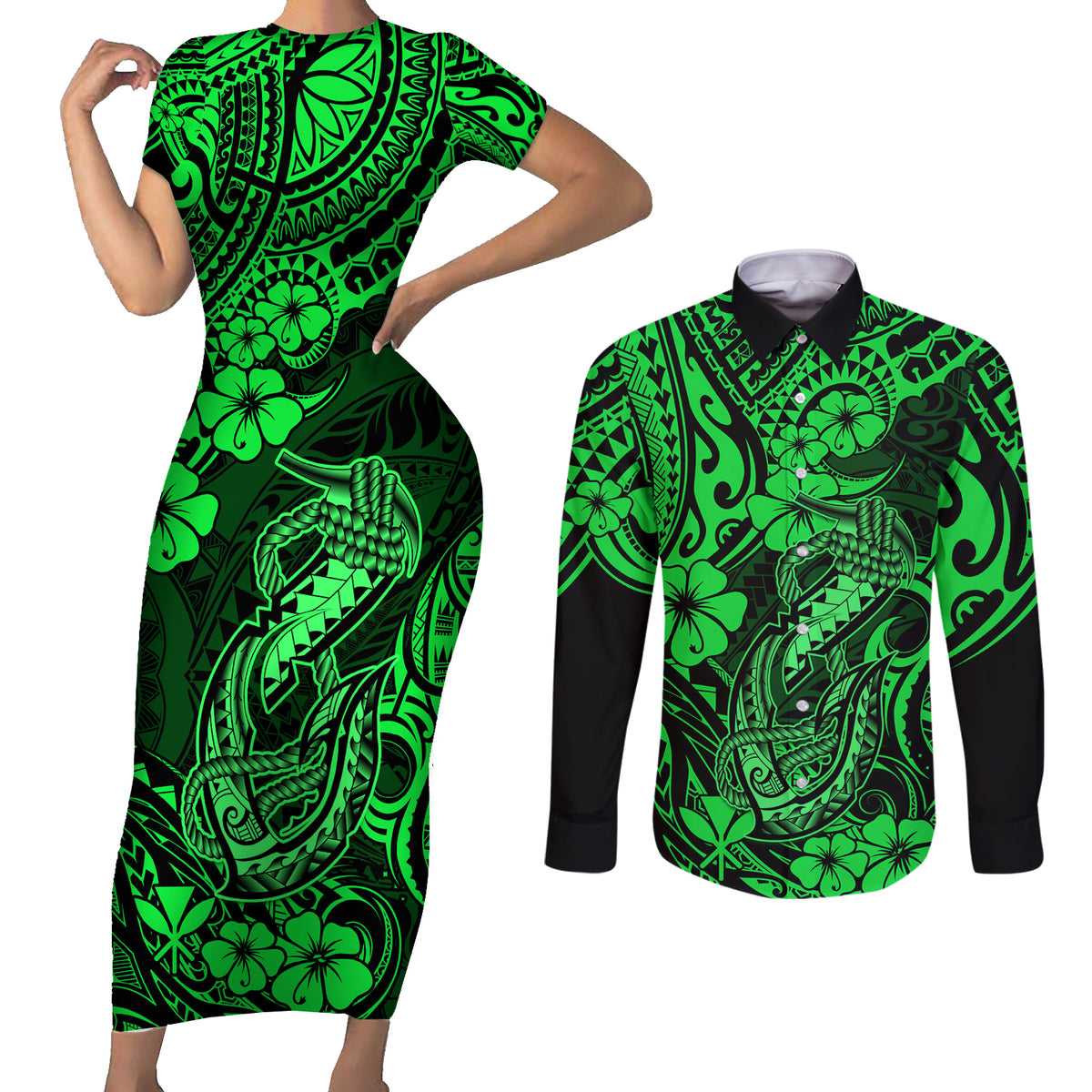 Hawaii Fish Hook Couples Matching Short Sleeve Bodycon Dress and Long Sleeve Button Shirts Polynesian Pattern Green Version - Wonder Print Shop