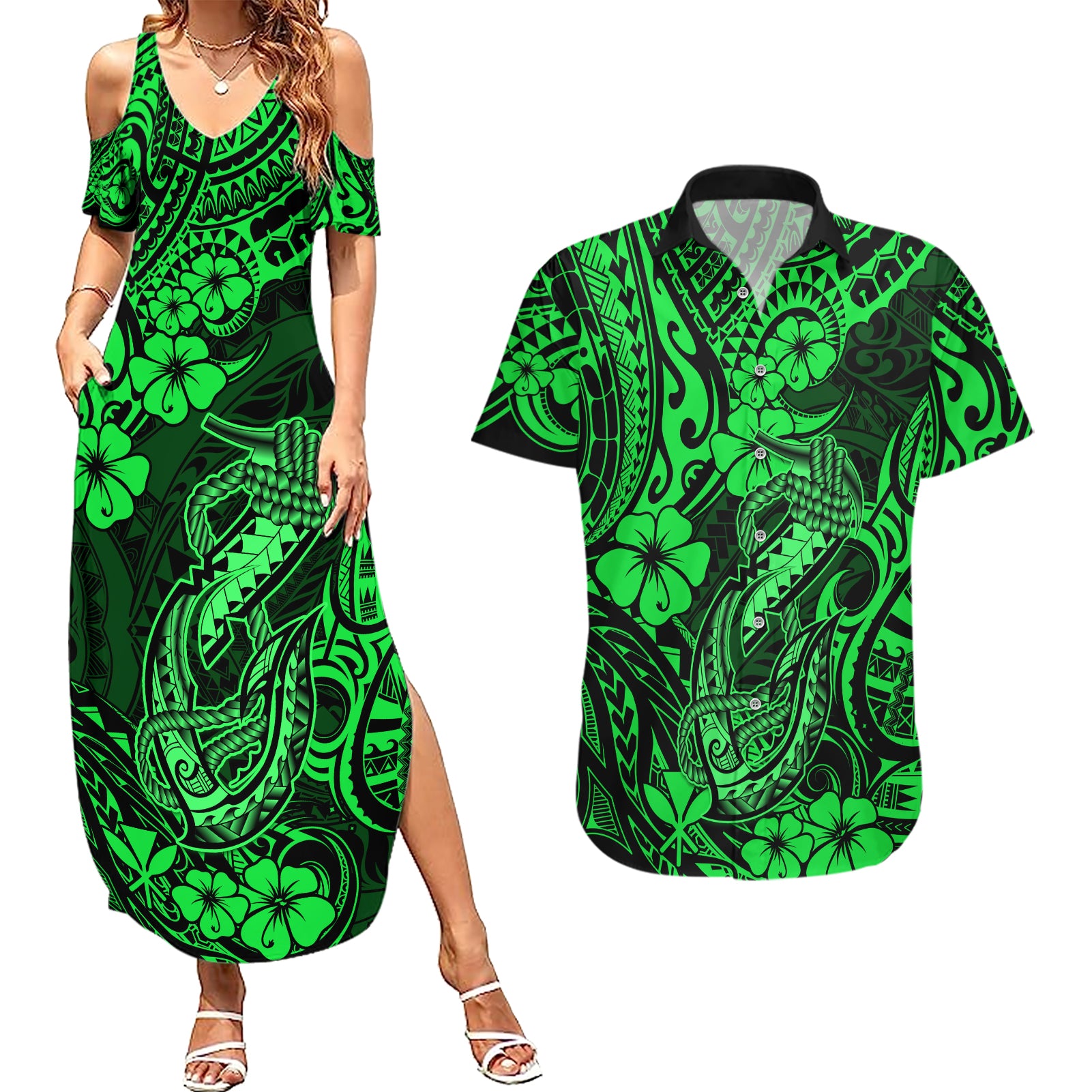Hawaii Fish Hook Couples Matching Summer Maxi Dress and Hawaiian Shirt Polynesian Pattern Green Version - Wonder Print Shop