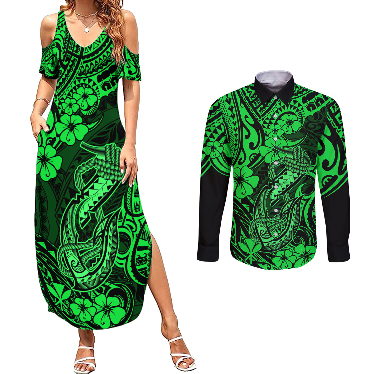 Hawaii Fish Hook Couples Matching Summer Maxi Dress and Long Sleeve Button Shirts Polynesian Pattern Green Version - Wonder Print Shop