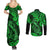 Hawaii Fish Hook Couples Matching Summer Maxi Dress and Long Sleeve Button Shirts Polynesian Pattern Green Version - Wonder Print Shop