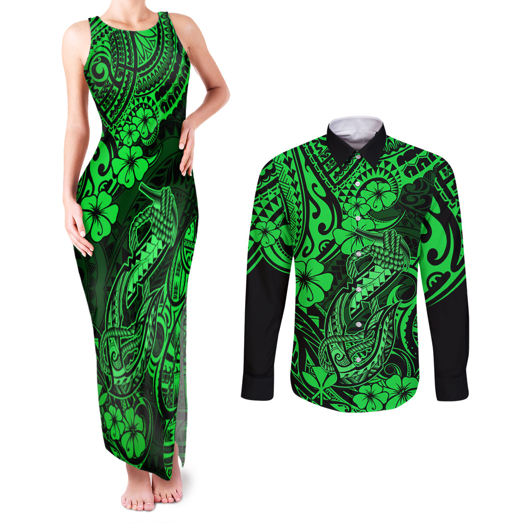 Hawaii Fish Hook Couples Matching Tank Maxi Dress and Long Sleeve Button Shirts Polynesian Pattern Green Version - Wonder Print Shop