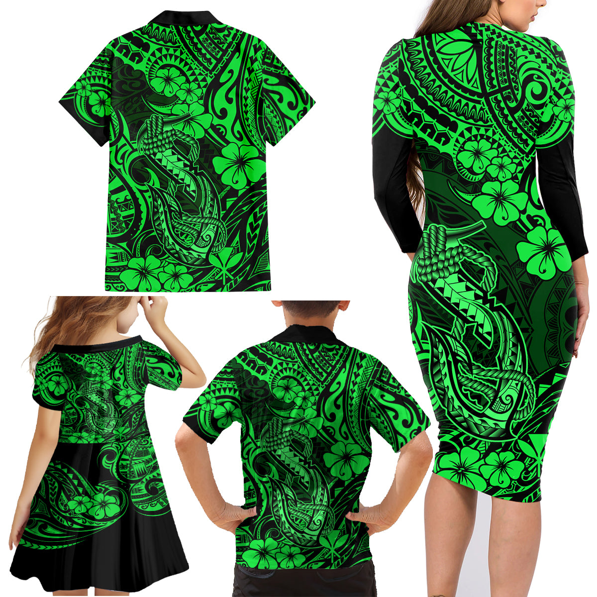 Hawaii Fish Hook Family Matching Long Sleeve Bodycon Dress and Hawaiian Shirt Polynesian Pattern Green Version - Wonder Print Shop