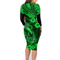Hawaii Fish Hook Family Matching Long Sleeve Bodycon Dress and Hawaiian Shirt Polynesian Pattern Green Version - Wonder Print Shop