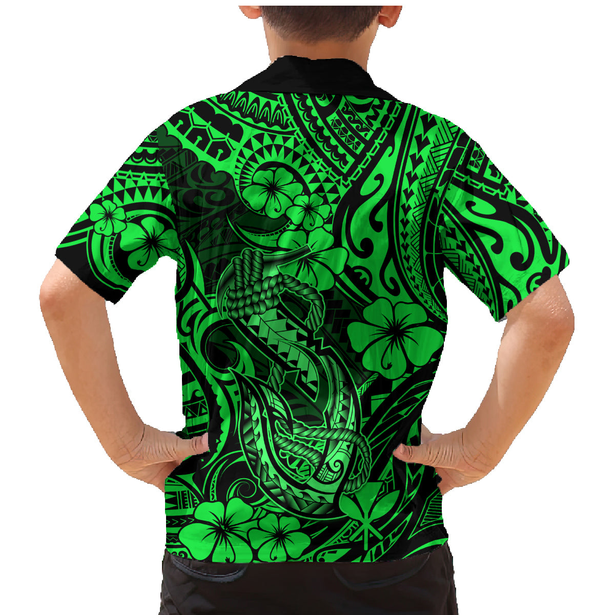Hawaii Fish Hook Family Matching Mermaid Dress and Hawaiian Shirt Polynesian Pattern Green Version - Wonder Print Shop
