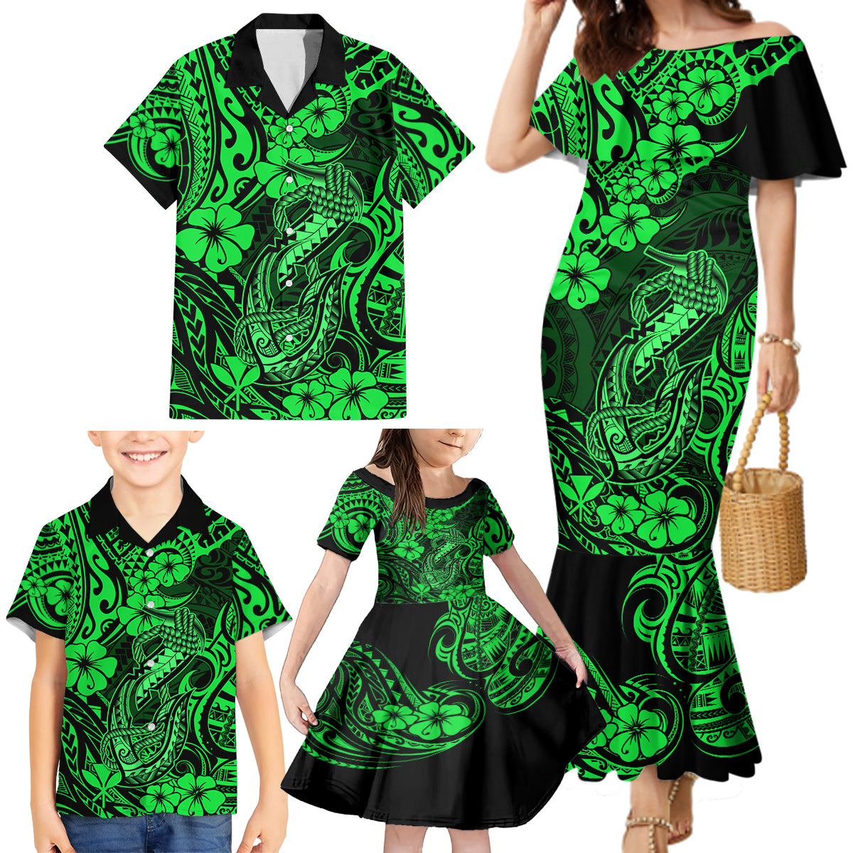 Hawaii Fish Hook Family Matching Mermaid Dress and Hawaiian Shirt Polynesian Pattern Green Version - Wonder Print Shop