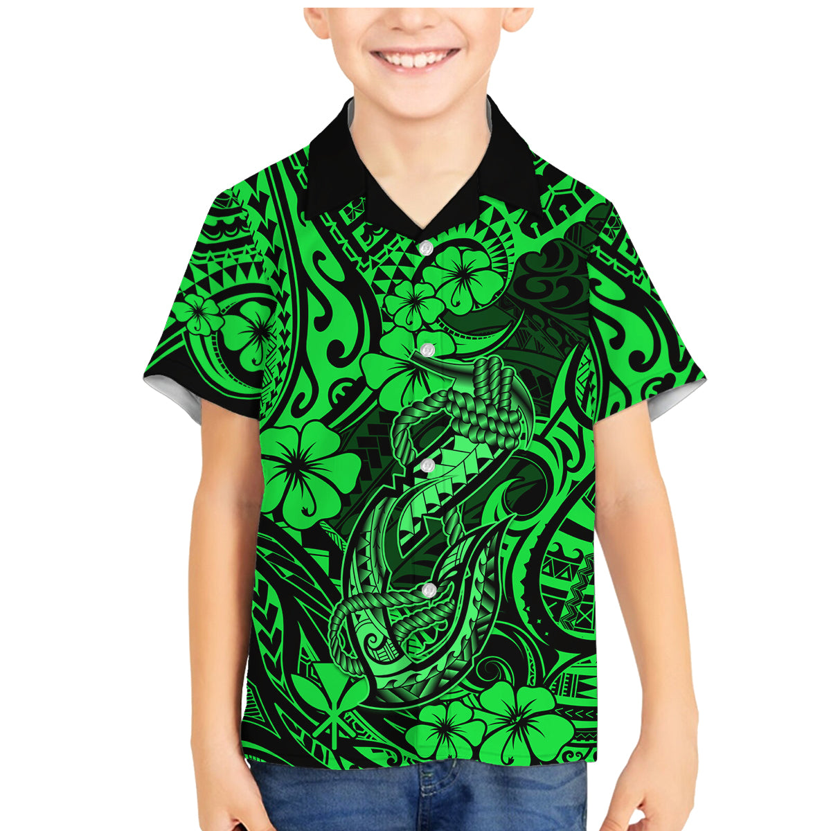 Hawaii Fish Hook Family Matching Mermaid Dress and Hawaiian Shirt Polynesian Pattern Green Version - Wonder Print Shop