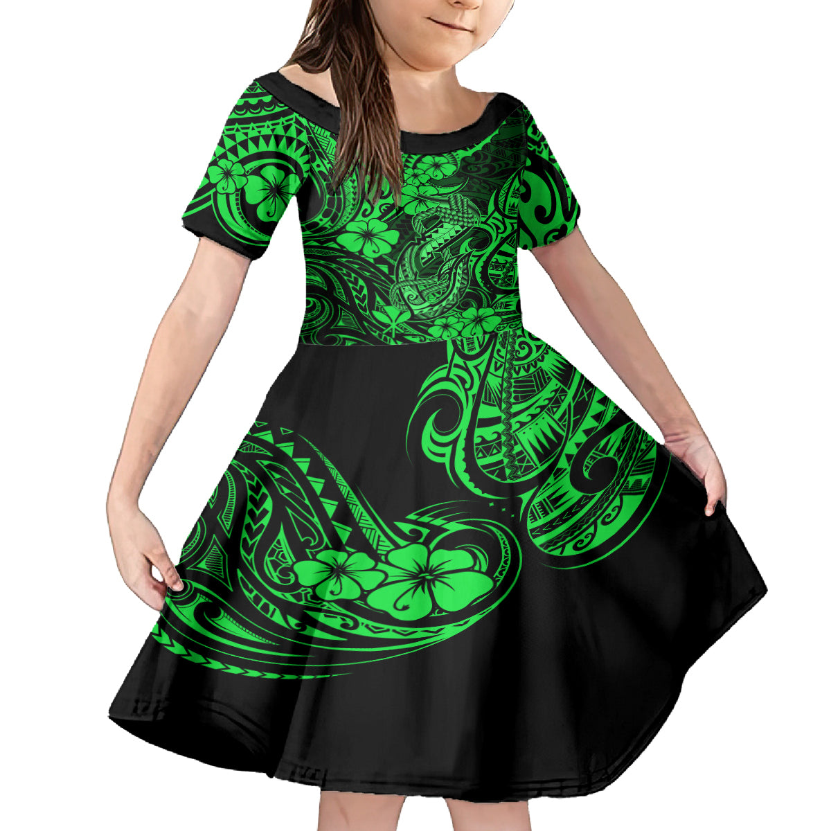Hawaii Fish Hook Family Matching Off Shoulder Long Sleeve Dress and Hawaiian Shirt Polynesian Pattern Green Version - Wonder Print Shop