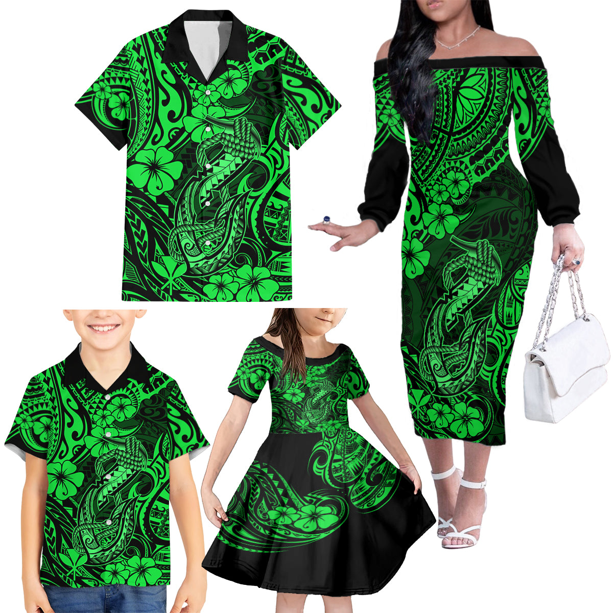 Hawaii Fish Hook Family Matching Off Shoulder Long Sleeve Dress and Hawaiian Shirt Polynesian Pattern Green Version - Wonder Print Shop
