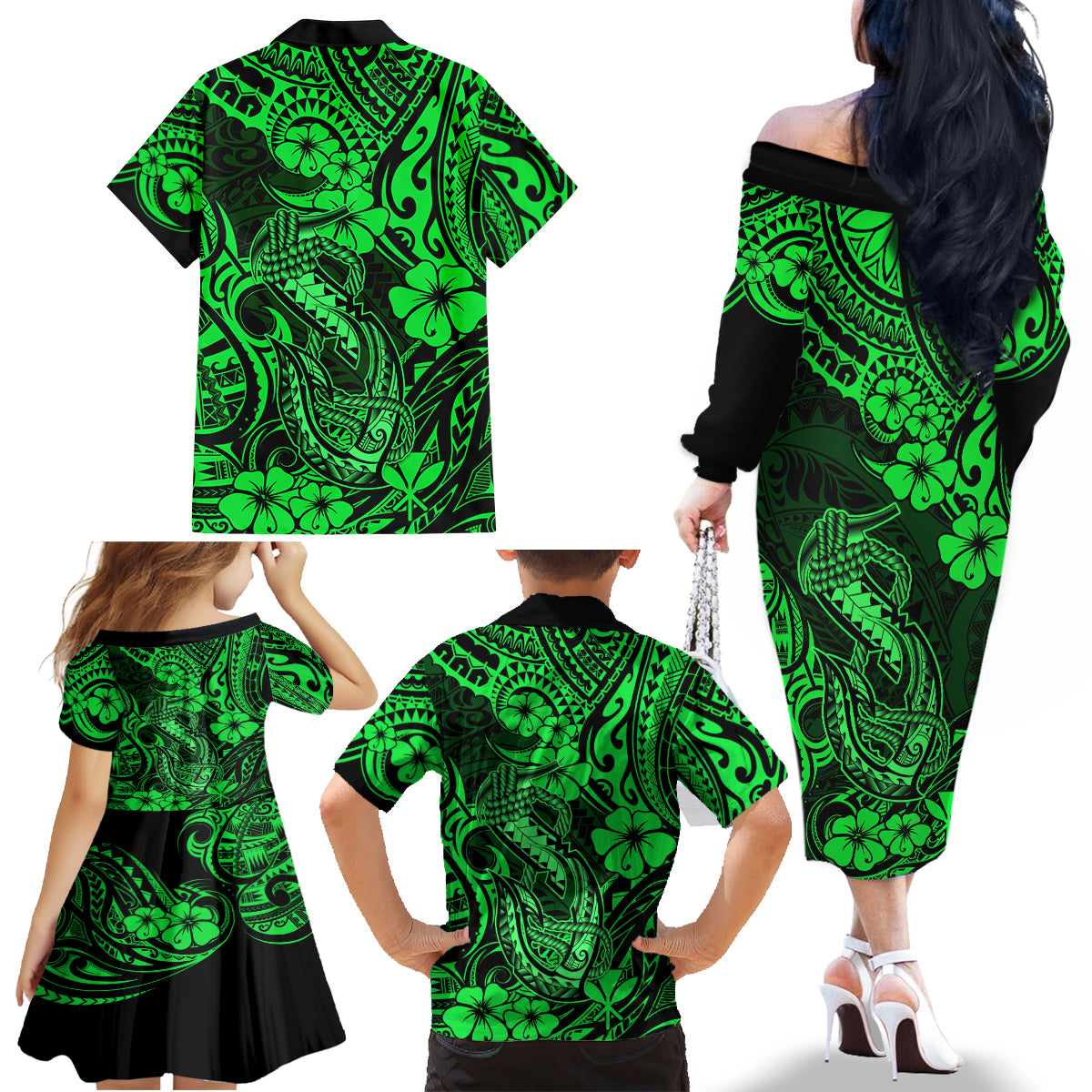 Hawaii Fish Hook Family Matching Off Shoulder Long Sleeve Dress and Hawaiian Shirt Polynesian Pattern Green Version - Wonder Print Shop