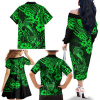 Hawaii Fish Hook Family Matching Off Shoulder Long Sleeve Dress and Hawaiian Shirt Polynesian Pattern Green Version - Wonder Print Shop