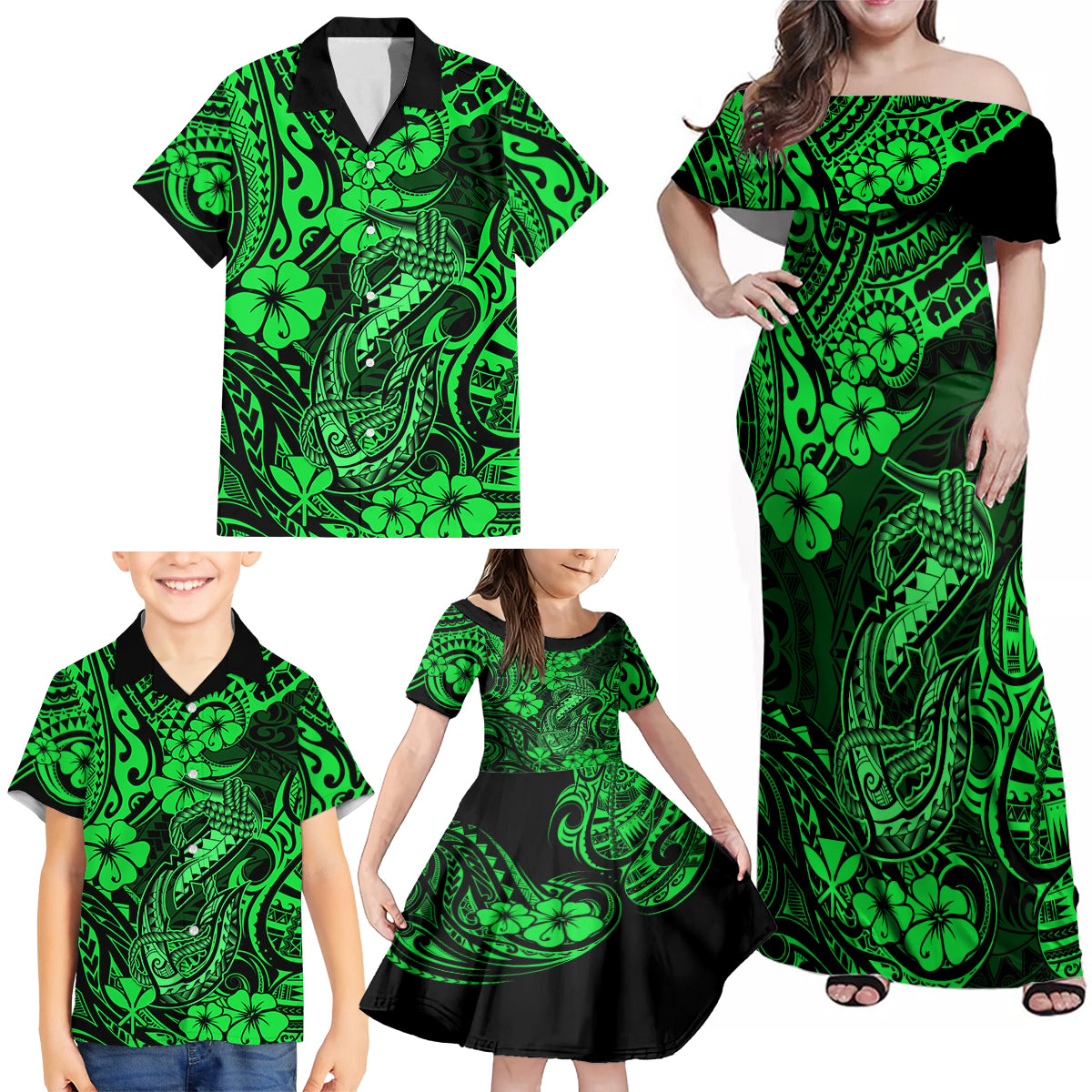 Hawaii Fish Hook Family Matching Off Shoulder Maxi Dress and Hawaiian Shirt Polynesian Pattern Green Version - Wonder Print Shop