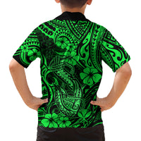 Hawaii Fish Hook Family Matching Off Shoulder Short Dress and Hawaiian Shirt Polynesian Pattern Green Version - Wonder Print Shop