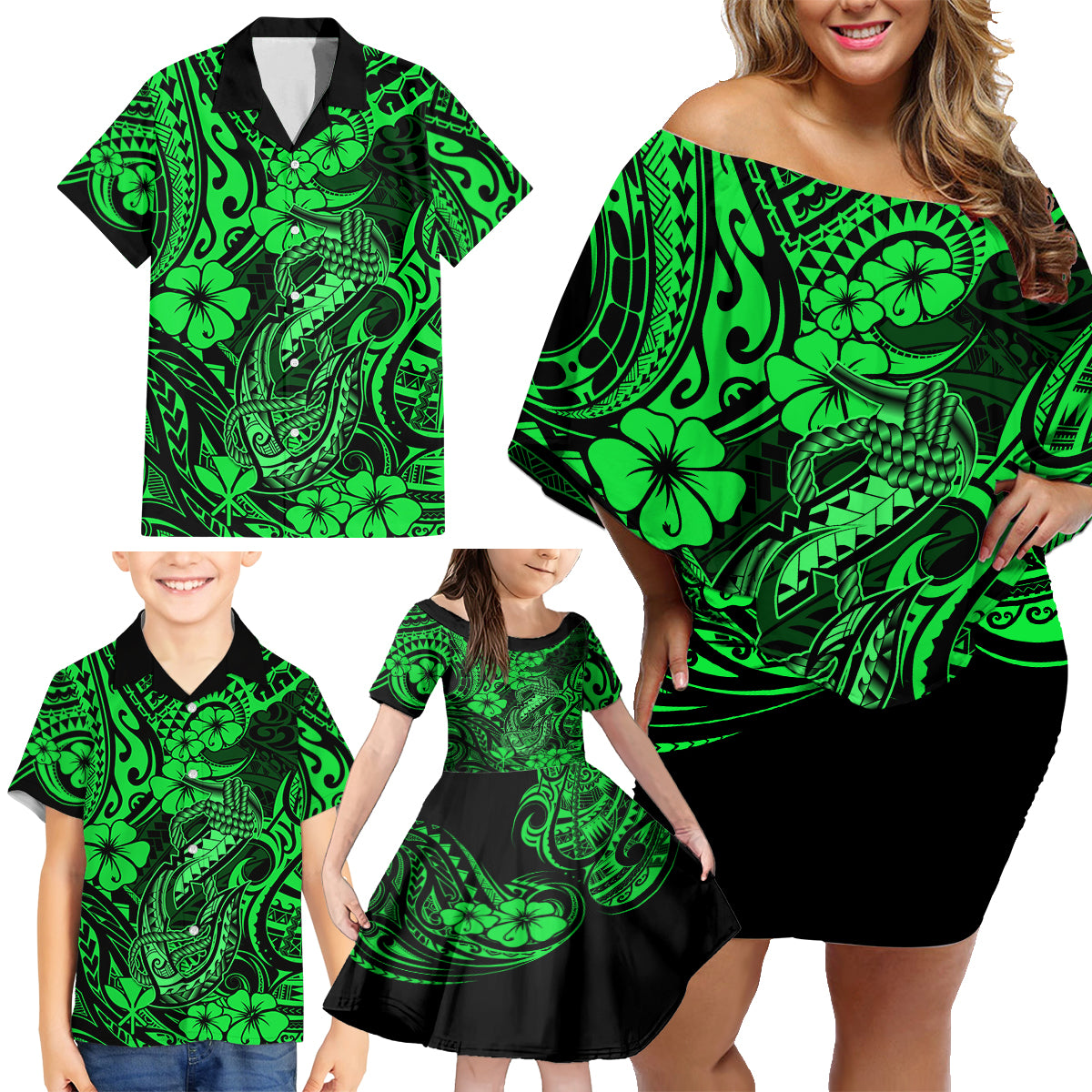 Hawaii Fish Hook Family Matching Off Shoulder Short Dress and Hawaiian Shirt Polynesian Pattern Green Version - Wonder Print Shop