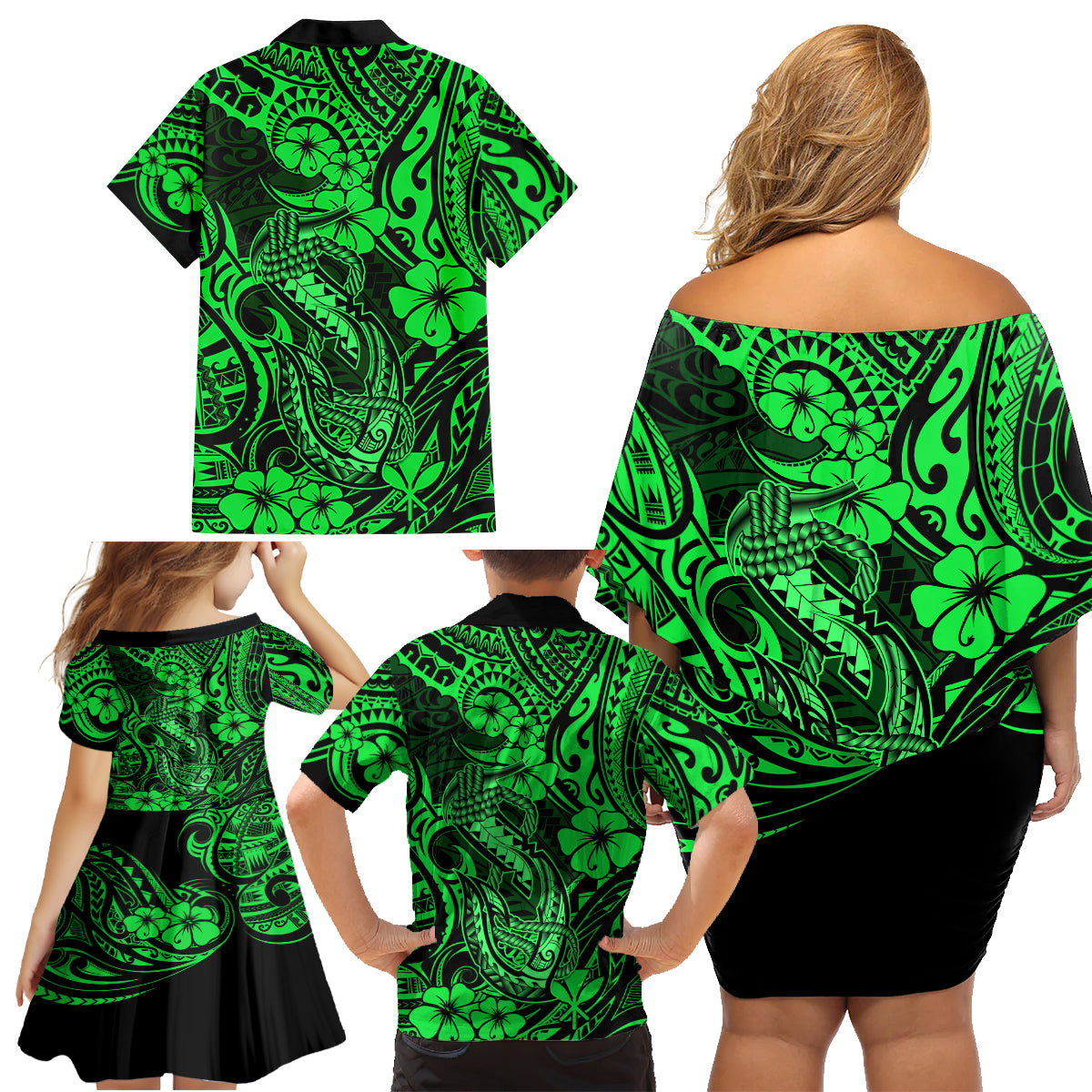 Hawaii Fish Hook Family Matching Off Shoulder Short Dress and Hawaiian Shirt Polynesian Pattern Green Version - Wonder Print Shop