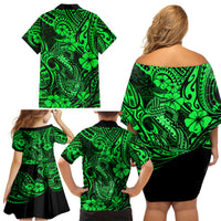 Hawaii Fish Hook Family Matching Off Shoulder Short Dress and Hawaiian Shirt Polynesian Pattern Green Version - Wonder Print Shop