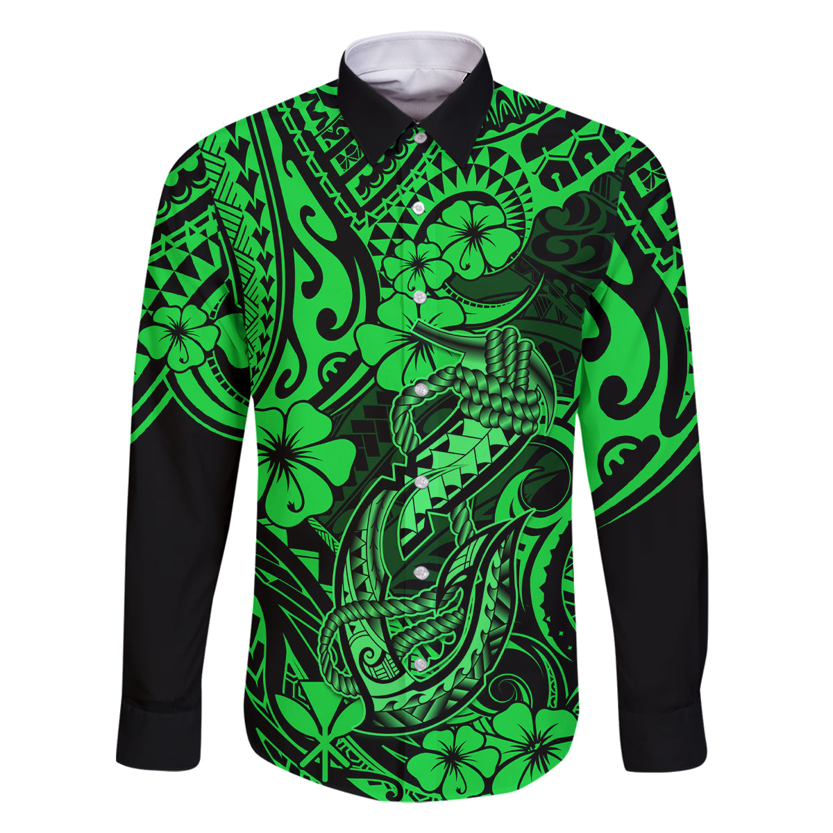 Hawaii Fish Hook Family Matching Off Shoulder Short Dress and Hawaiian Shirt Polynesian Pattern Green Version - Wonder Print Shop