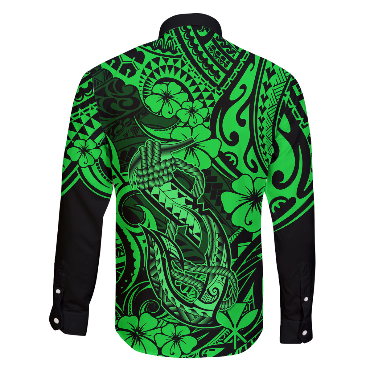 Hawaii Fish Hook Family Matching Off Shoulder Short Dress and Hawaiian Shirt Polynesian Pattern Green Version - Wonder Print Shop