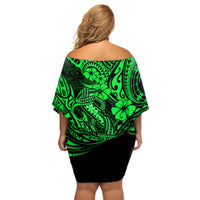Hawaii Fish Hook Family Matching Off Shoulder Short Dress and Hawaiian Shirt Polynesian Pattern Green Version - Wonder Print Shop