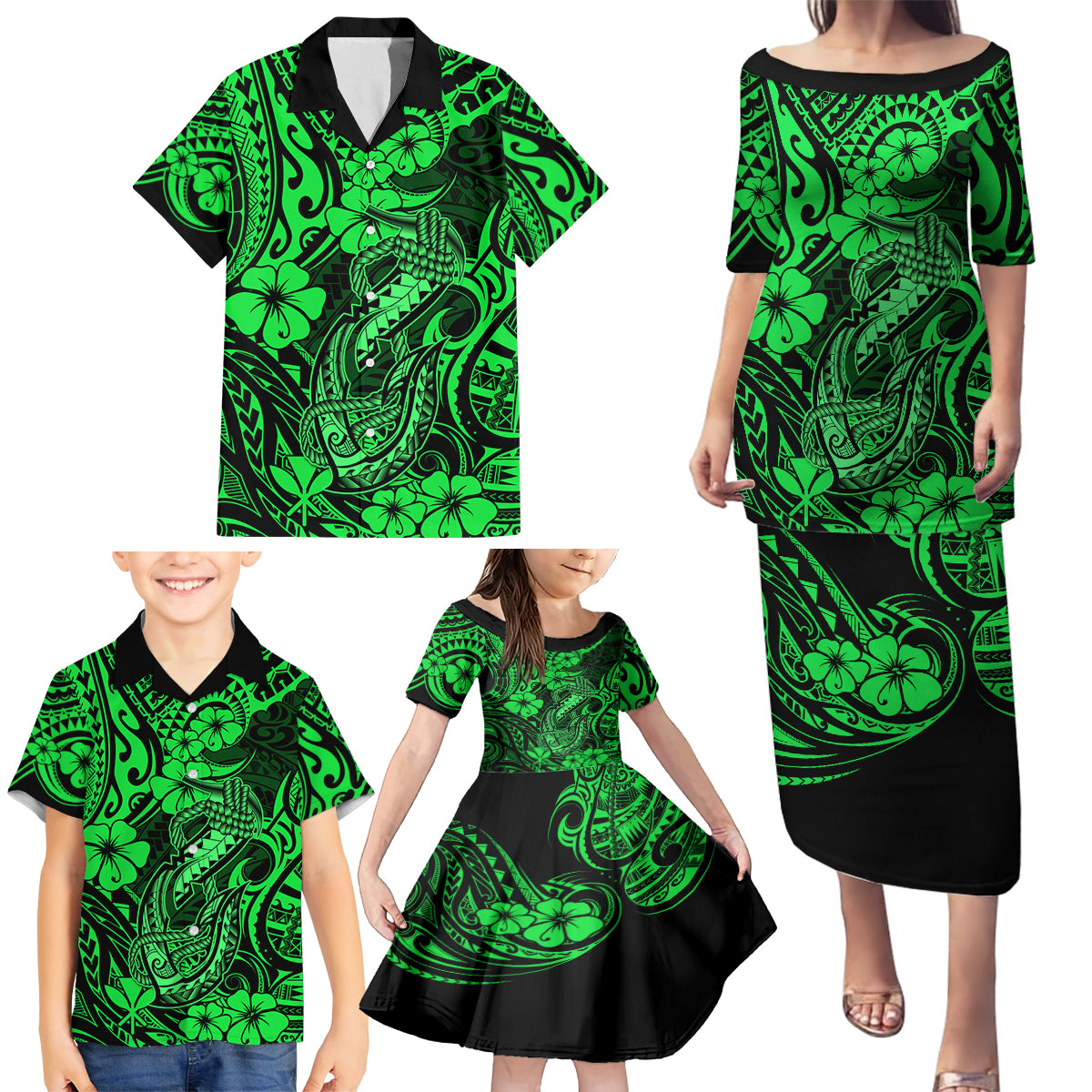 Hawaii Fish Hook Family Matching Puletasi Dress and Hawaiian Shirt Polynesian Pattern Green Version - Wonder Print Shop