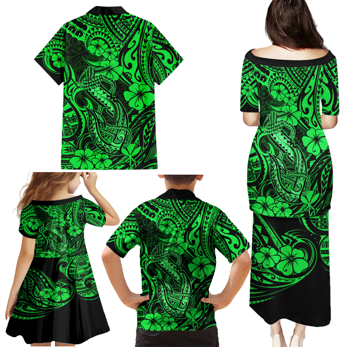 Hawaii Fish Hook Family Matching Puletasi Dress and Hawaiian Shirt Polynesian Pattern Green Version - Wonder Print Shop