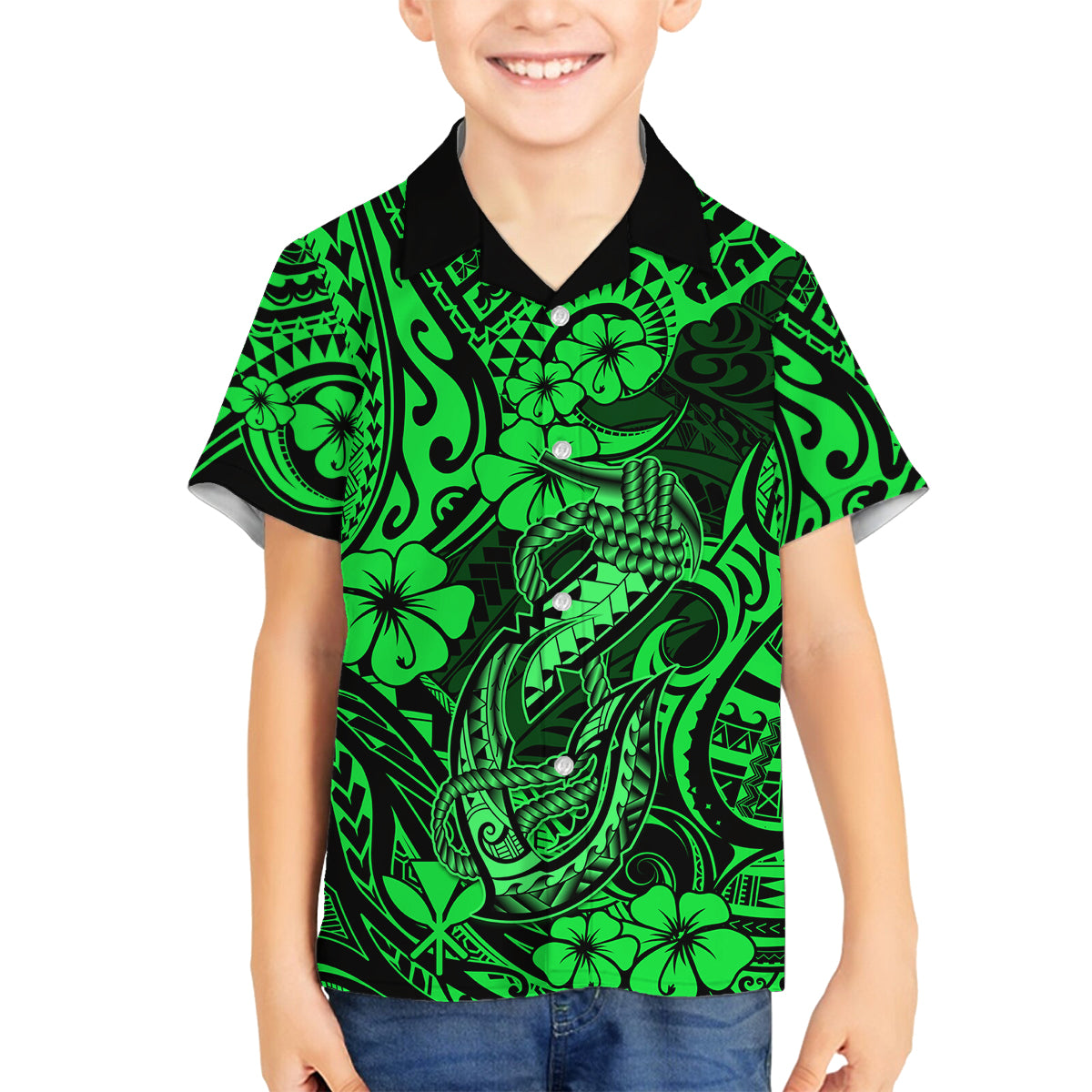 Hawaii Fish Hook Family Matching Puletasi Dress and Hawaiian Shirt Polynesian Pattern Green Version - Wonder Print Shop