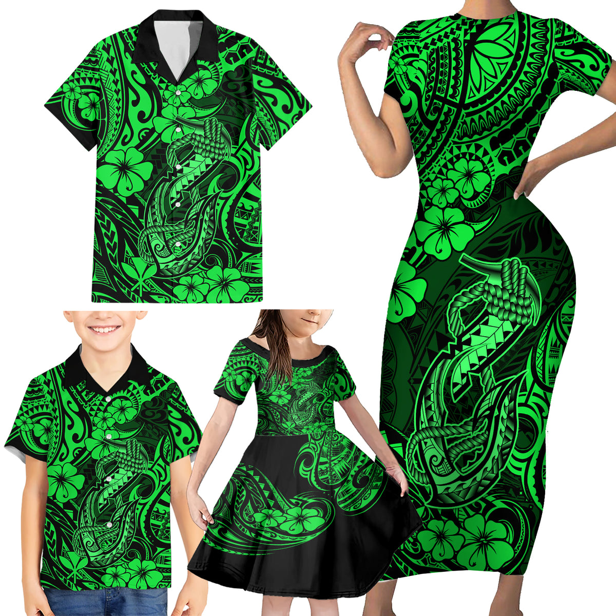 Hawaii Fish Hook Family Matching Short Sleeve Bodycon Dress and Hawaiian Shirt Polynesian Pattern Green Version - Wonder Print Shop