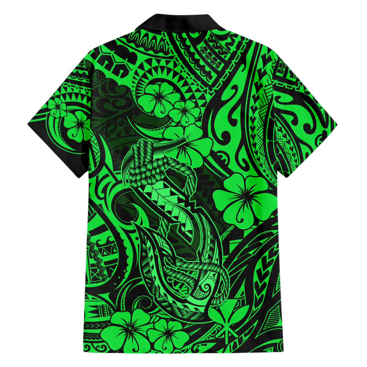 Hawaii Fish Hook Family Matching Short Sleeve Bodycon Dress and Hawaiian Shirt Polynesian Pattern Green Version - Wonder Print Shop
