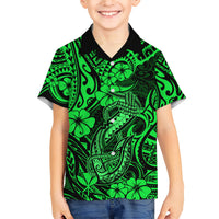 Hawaii Fish Hook Family Matching Short Sleeve Bodycon Dress and Hawaiian Shirt Polynesian Pattern Green Version - Wonder Print Shop
