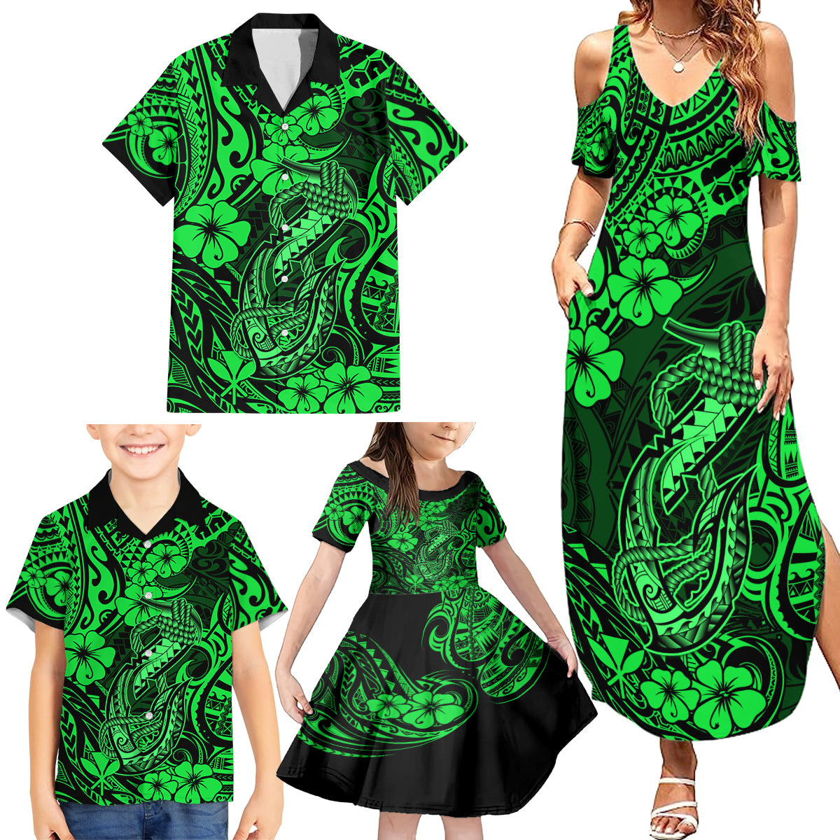 Hawaii Fish Hook Family Matching Summer Maxi Dress and Hawaiian Shirt Polynesian Pattern Green Version - Wonder Print Shop