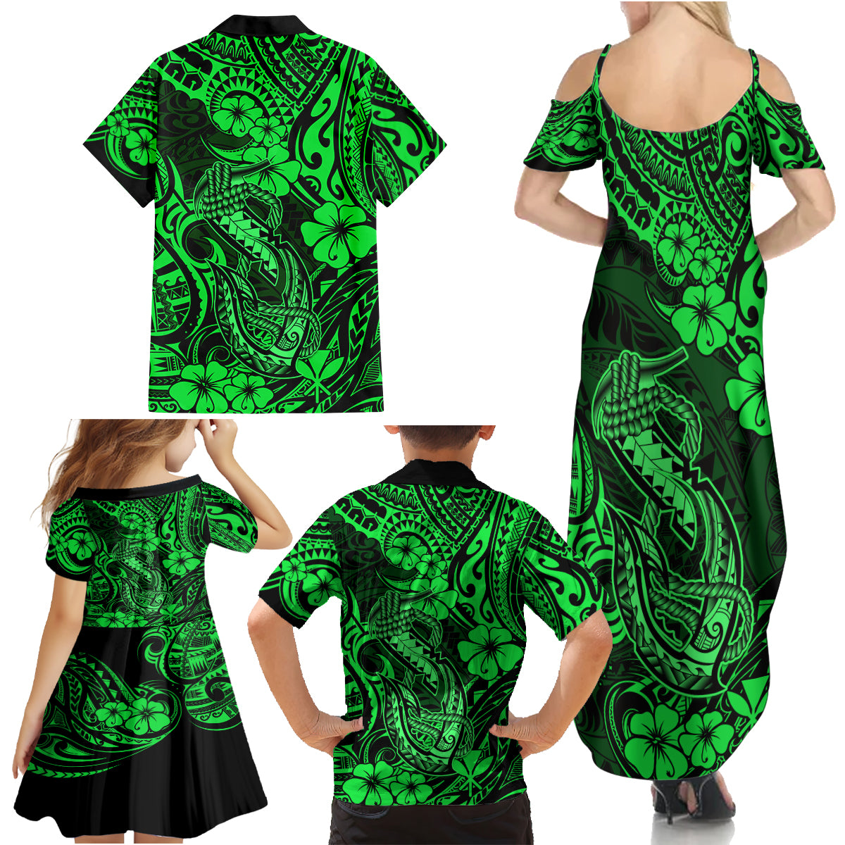 Hawaii Fish Hook Family Matching Summer Maxi Dress and Hawaiian Shirt Polynesian Pattern Green Version - Wonder Print Shop