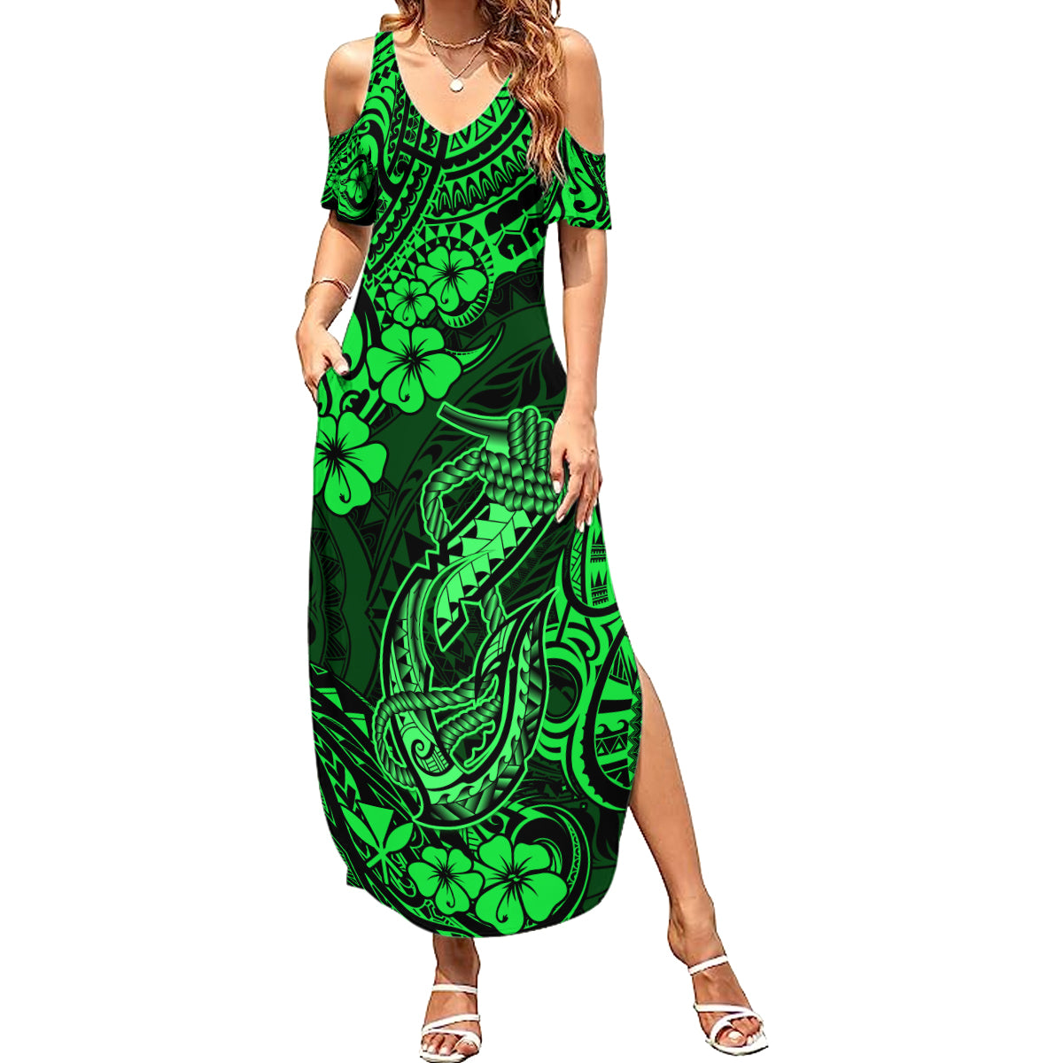 Hawaii Fish Hook Family Matching Summer Maxi Dress and Hawaiian Shirt Polynesian Pattern Green Version - Wonder Print Shop