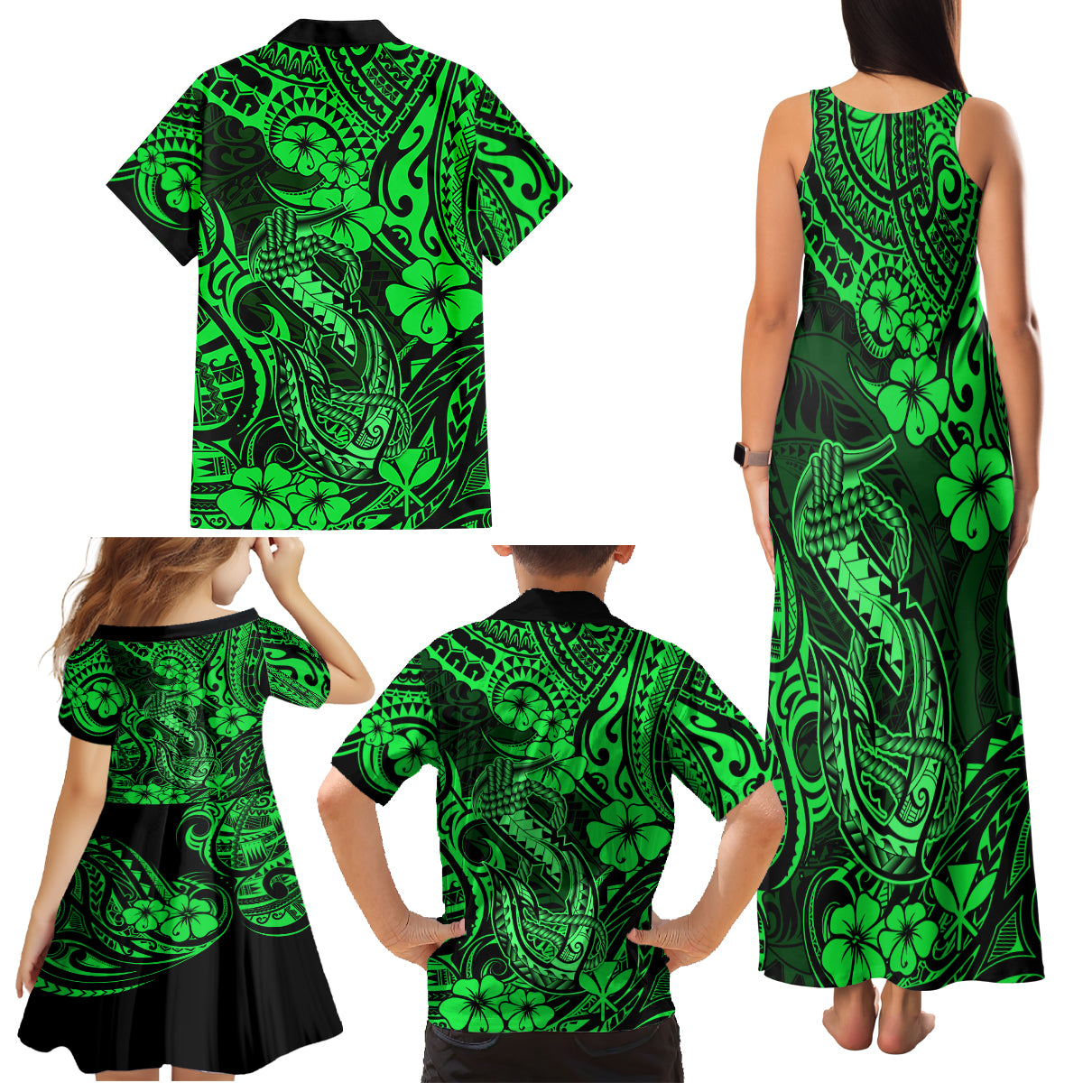 Hawaii Fish Hook Family Matching Tank Maxi Dress and Hawaiian Shirt Polynesian Pattern Green Version - Wonder Print Shop